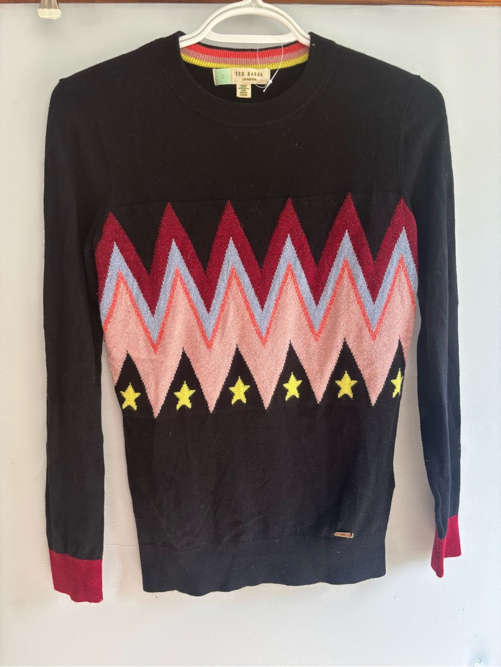 Ted Baker Black Crewneck Sweater with Chevron and Star Motif